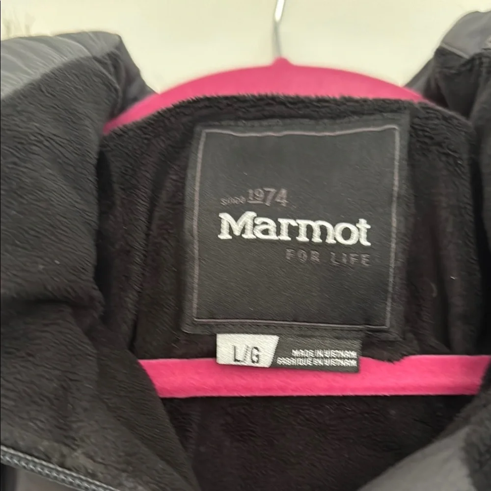 Marmot Black Hooded Puffer Coat with Fur Trim - Picture 3 of 3